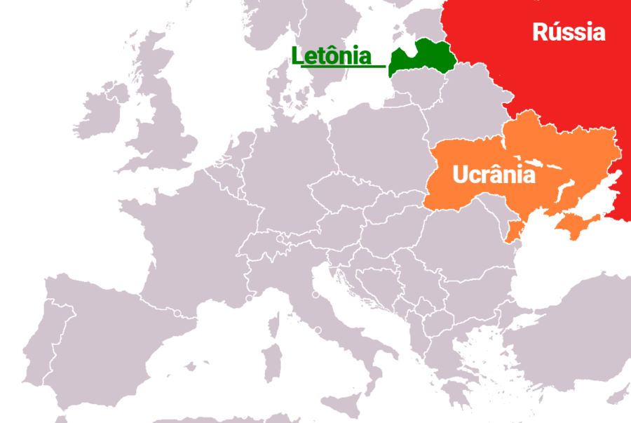 mapa europeu apontando onde ficam Letônia, Ucrânia e Rússia